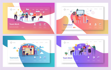 Office Teamwork Meeting Landing Page Set. Business People Work Together at Professional Workplace. Freelancer Character Group Communication Concept for Web Page. Flat Cartoon Vector Illustration