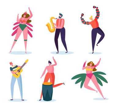 Brazilian Carnival Band Character Set. Fashion Woman in Feather Bikini Dress Dance at Brazil Music Festival. Man Play Guitar and Saxophone for Summer Holiday Isolated Flat Cartoon Vector Illustration