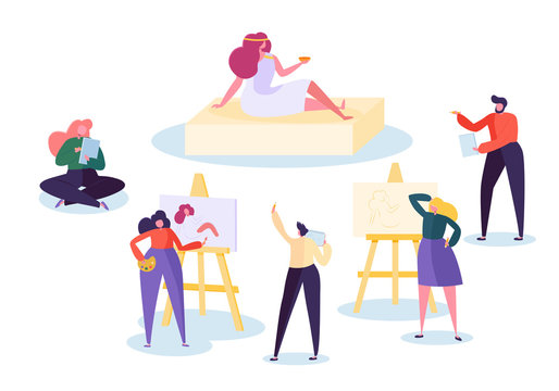 Artist Drawing Woman Model Painting at Art Workshop. Man Character Learning Make Portrait Figure Artwork on Easel Canvas. Art School Creative Class for Amateur People Flat Cartoon Vector Illustration