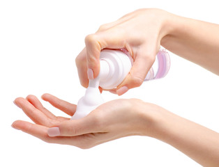 Facial wash in hand beauty health on white background isolation