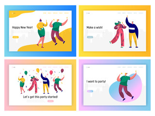 Happy Business People New Year Party Landing Page Set. Corporate Team Character Celebrate Christmas or Birthday. Office Festive Holiday for Web or Website. Flat Cartoon Vector Illustration