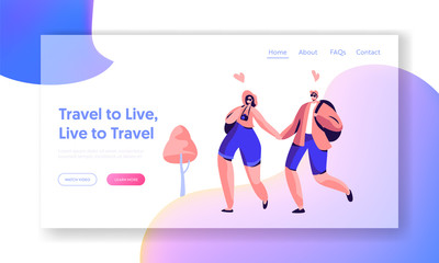 Couple Character Love Travel Landing Page Template. Happy Hipster People Summer Vacation with Backpack and Camera Concept for Website or Web Page. Flat Cartoon Vector Illustration