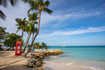 Telephone booth on the beach in Antigua, Antigua & Barbuda