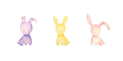 Watercolor drawn set bunny of happy easter. isolated on a white background. Ideal for invitation, greeting cards
