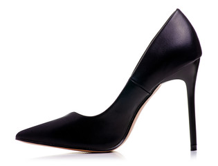 Female black leather high heels shoes on white background isolation