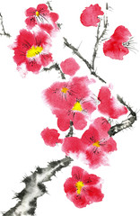A branch of a blossoming sakura. Pink and red stylized flowers of plum mei, wild apricots and cherry . Watercolor and ink illustration of tree in style sumi-e, u-sin. Oriental traditional painting.
