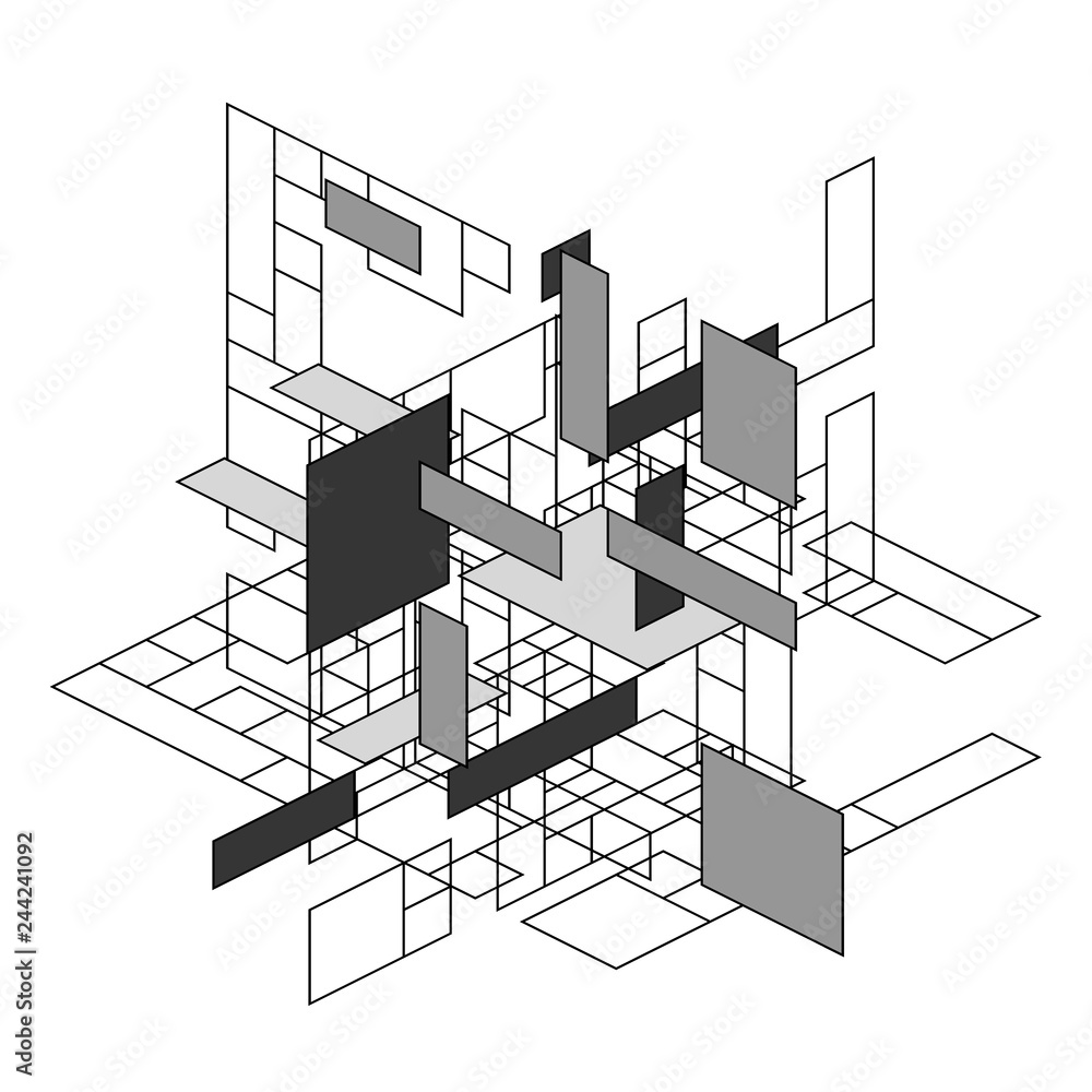 Poster abstract polygonal background with rectangular shapes in perspective, retro bauhaus de stijl design