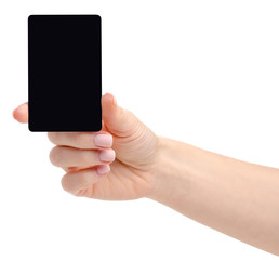 Black plastic card in hand on a white background. Isolation