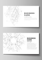 The minimalistic abstract vector illustration of the editable layout of two creative business cards design templates. Technology, science, future concept abstract futuristic backgrounds.