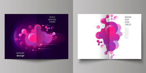 The vector layout of two A4 format modern cover mockups design templates for bifold brochure, flyer, booklet, report. Black background with fluid gradient, liquid pink colored geometric element.