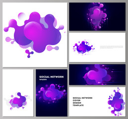 The minimalistic abstract vector illustration of the editable layouts of modern social network mockups in popular formats. Black background with fluid gradient, liquid blue colored geometric element.