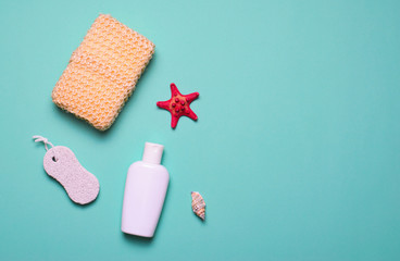 Bath Items Concept, Sponge, Shampoo or Shower Gel, Pumice Stone, Top View, Flat Lay