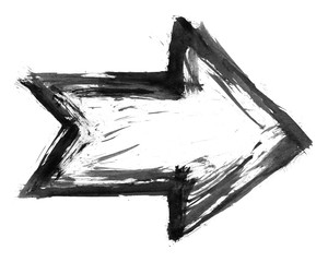 Black arrow sign has drawn by watercolor paint brush stroke and has a grange watercolour texture. Ink sketch drawing created in handmade technique. Dark silhouette symbol isolated on white background