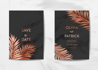 Wedding Invitation Card Set, Save the Date with trendy marble texture background and gold Tropical Palm Leaves design. RSVP Template illustration in vector