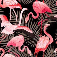 Tropical Flamingo seamless vector summer pattern with Golden Palm Leaves. Bird and Floral background for wallpapers, web page, texture, textile