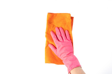close up persons hand in protective glove hold clean supply on white surface isolated. housekeeping concept b