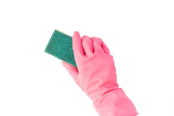 close up persons hand in protective glove hold clean supply on white surface isolated. housekeeping concept b