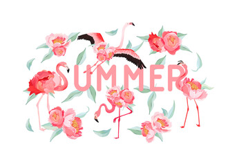 Tropical Flamingo vector summer flyer, banner with peony flowers background. Floral and Bird Graphic for wallpaper, web page, backdrop