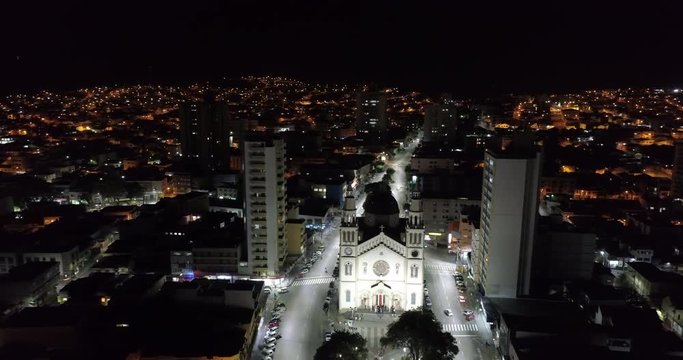 Night aerial image of the church of Pouso Alegre, Minas Gerais, Brazil.