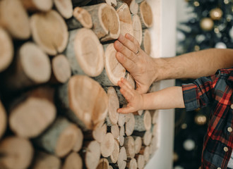 Men's and children's hand next to a stack of firewood.