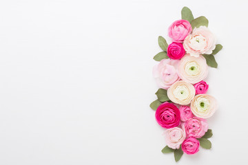 Beautiful colored ranunculus flowers on a white background. Spring greeting card.