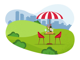 Reserved sign on the table in street park cafe. Reserved Table concept. Reserve relaxing in an outdoor cafe in city park on a grassy lawn under a striped parasol. Flat cartoon vector illustration