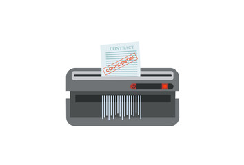 Shredder cuts a paper document into strips with confidential stamp. Laconic sign on a white background. Desktop version of the machine for destruction of documents. Flat cartoon vector illustration