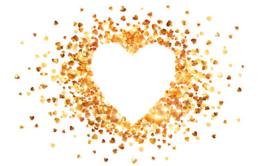 Vector shining golden confetti Valentines day heart shape frame