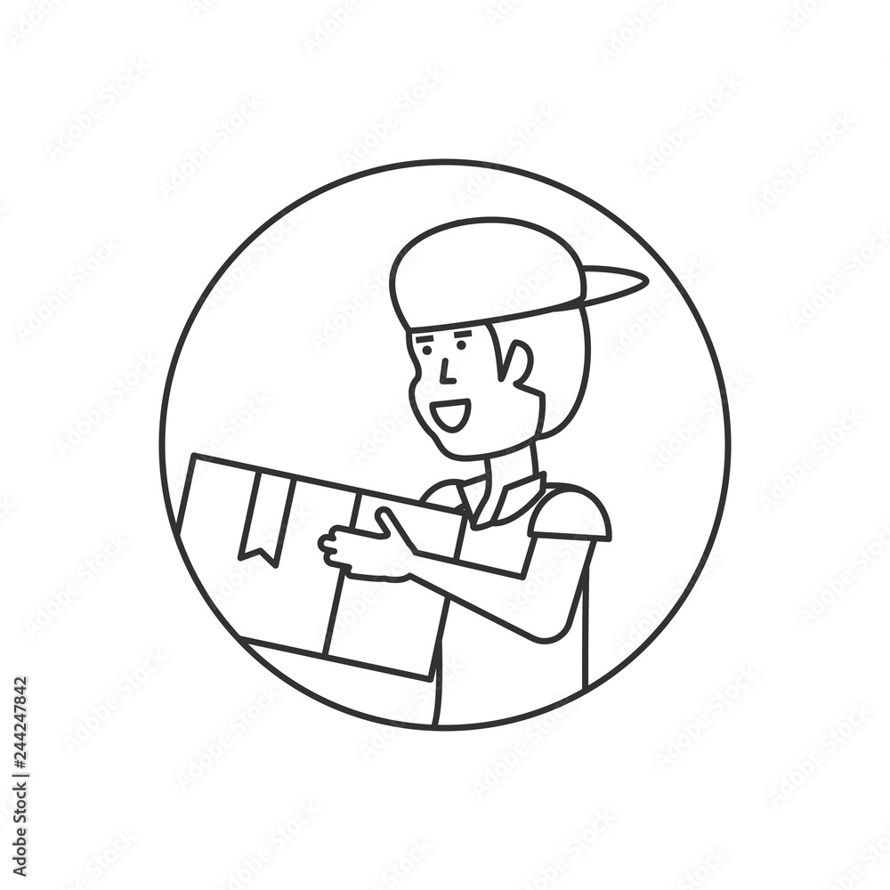 Poster circular frame with delivery worker and box