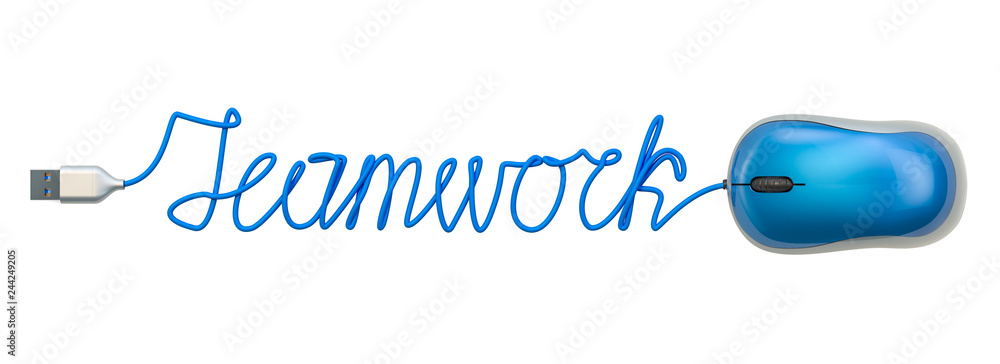 Aufkleber teamwork word from computer mouse cable, 3d rendering