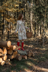 Young woman with long red hair in a linen dress gathering mushrooms in the forest in the bast basket