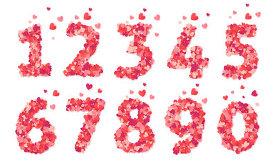 Pink hearts confetti vector Valentines Day numbers set isolated on white background - 244249447