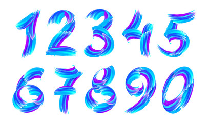 Blue 3D paint strokes vector numbers set isolated on white background
