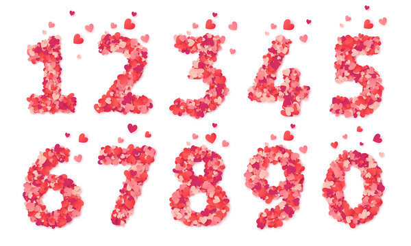 Pink hearts confetti vector Valentines Day numbers set isolated on white background