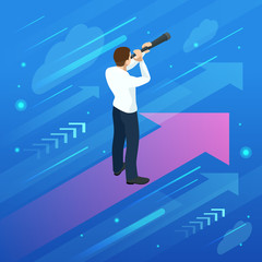 Successful businessman with a spyglass on arrow. Perspective business planning, career opportunities, and career ladder. - obrazy, fototapety, plakaty