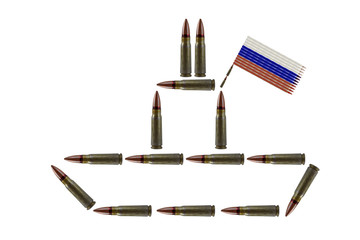 Abstract creative image of a ship with the flag of the Russia made of bullets on a white background...