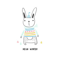 Rabbit in sweater hand painted illustration