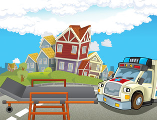 cartoon scene in the city with doctor car happy ambulance - illustration for children