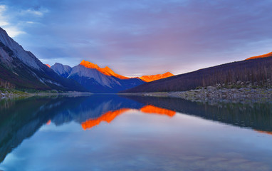 Beautiful sunset over Medicine Lake, Jasper National Park, Alberta, Canada