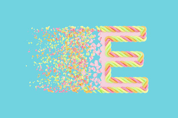 Shattering letter E 3D realistic raster illustration. Alphabet letter with marshmallow texture. Isolated design element.