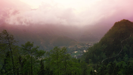 sunset in mountains And white mist