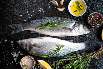 Fresh fish sea bass. Raw sea bass fish with spices and herbs ingredients on concrete. 