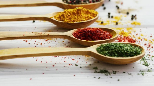Row of wooden spoons filled with various multicolored spices and composed on wooden table