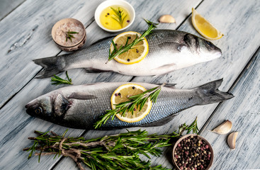 Fresh fish sea bass. Sea bass raw fish with ingredients spices and herbs on wooden background