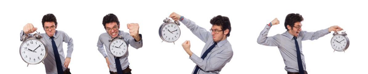 Young businessman with clock isolated on white