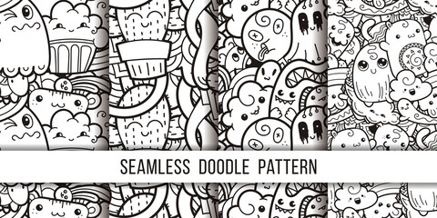 Collection of funny doodle monsters seamless pattern for prints, designs and coloring books