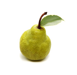Sweet pear with isolated fruit leaf on white background for design.