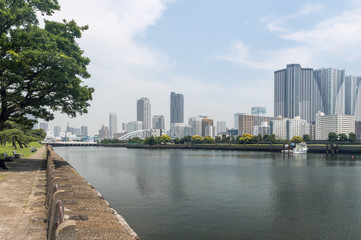View of Tokyo skyline from Kyu Shiba Rikyu Garden, Japan