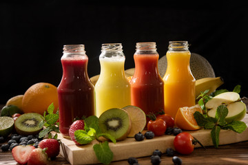 Selection of fresh citrus juices. Detox drinks