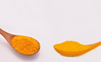 Two images of turmeric powder on the wooden spoon with the white background.